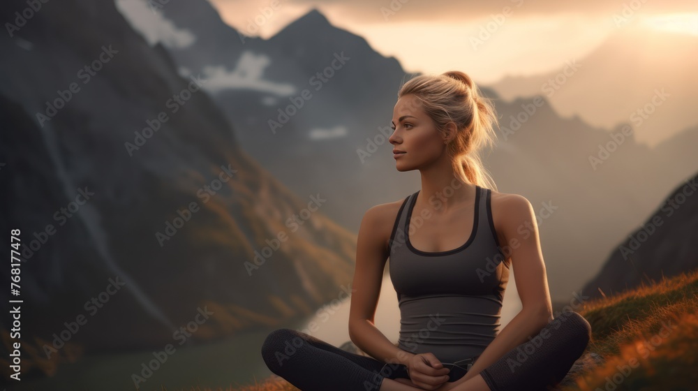Athletic woman resting after a hard training in the mountains at sunset.