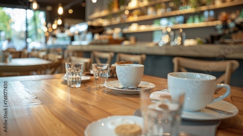 Wooden table top there are several coffee glasses and food on plates with light effect and blurry cafe restaurant background,