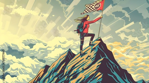Woman Holding Flag on Mountain Peak, To convey a sense of achievement and adventure in the great outdoors