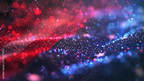 Close-up capture of red white blue sparkling glitter light particles abstract background
