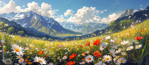 A summer mountain meadow with lots of flowers in the foreground and mountains in the background