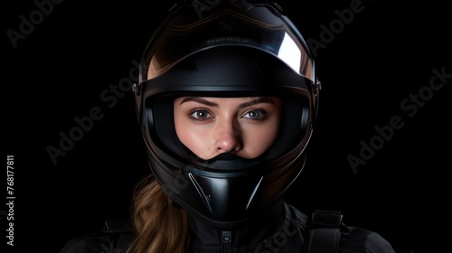 Attractive woman a motorcyclist with black helmet with opened shield system. © haizah