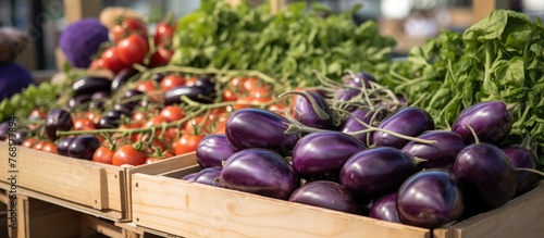 A wooden crate is filled with a variety of fresh vegetables such as tomatoes, purple potatoes, and eggplants, showcased at an ecological fair food market. These vegetables promote eco-friendly