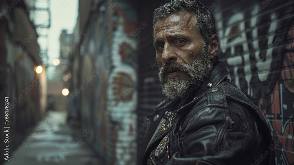 Naklejka premium Man in alleyway with graffiti