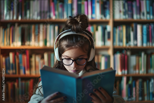 Girl Listening to Music and Reading Book