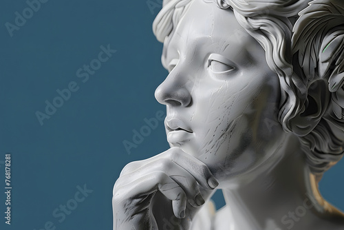 Muse sculpture, nymph head pensive pose. 3d rendering black and white Greek Goddess statue photo