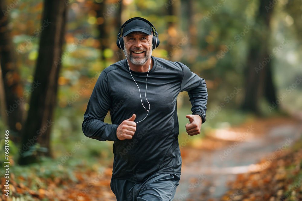 Obraz premium Middle aged man jogging in park, wearing headphones and smartwatch on his wrist, winter morning 