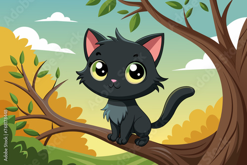 An adorable 2D vector illustration of a black kitten on a tree with a cute expression  inspired by the art style of Joshua M. Smith