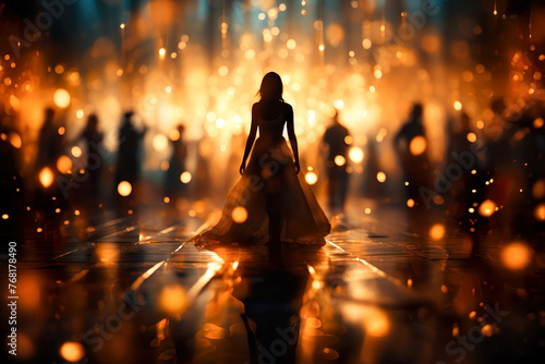 Christmas event party, young woman and blurred dancing people in background. Selective focus.