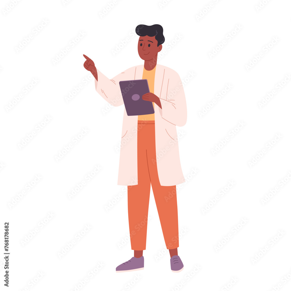 Scientist, doctor or biologist in white coat holding digital tablet. Doctor looking in the medical card. Vector illustration in flat style