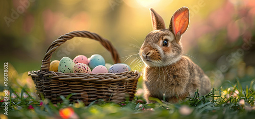 Easter bunny beside a basket of colorful eggs on grass with soft sunlight in the background.