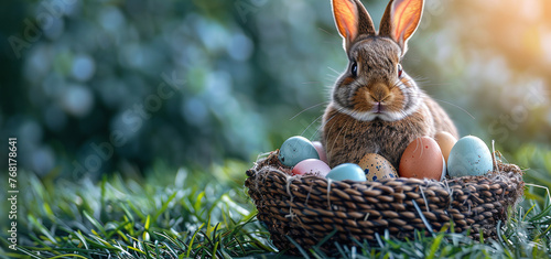 Rabbit with Easter eggs in a basket on grass with a soft-focus background.