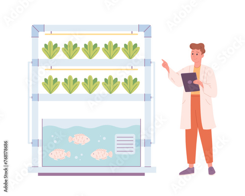 Hydroponics and aquaponics technology for plants growing. Vertical farming. Biologist grows plants. Smart farm. Vector illustration in flat style