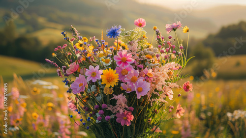 Bouquet of wildflowers in a meadow at sunset.