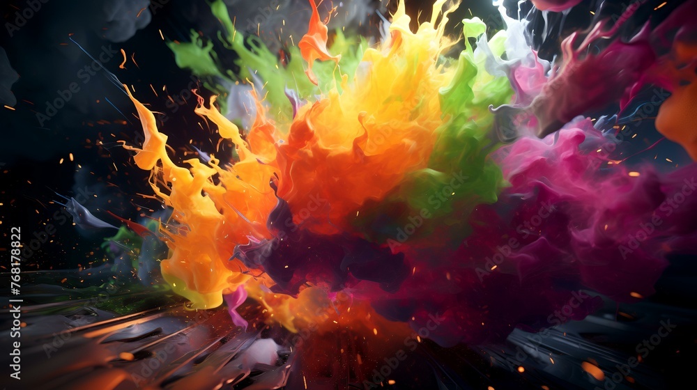 Red, blue, yellow, orange and green exploded of Holi