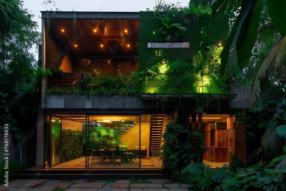 Green Haven: Jungle-themed modern luxury house in cape town, featuring outdoor cinema, small balcony, open-air rooftop terrace, garden with potted plants. natural splendor. Spacious two-story mansion.
