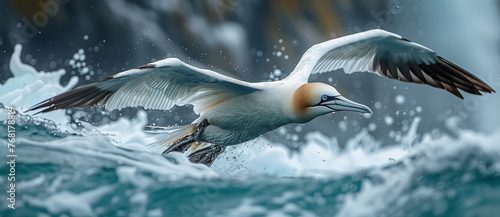Graceful gannet bird gliding over ocean waves, wings spread wide, dynamic water splash background. photo