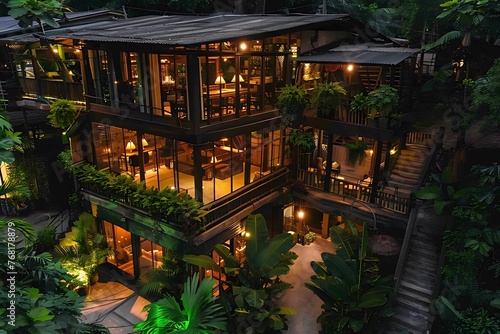 Urban jungle themed two-story modern architectural luxury house with aerial view of the home exterior at night overlooking the greenery jungle nature and trees.