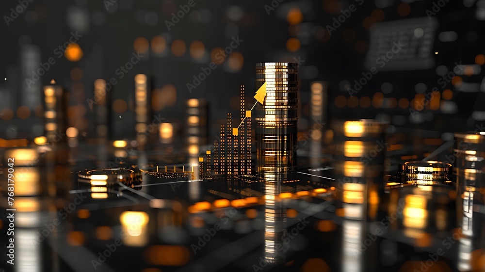 Illustration of stack gold coins on stock market graphs & charts background. Financial growth & success. Forex gold trading. Business, trading stocks, investment banking & finance concepts