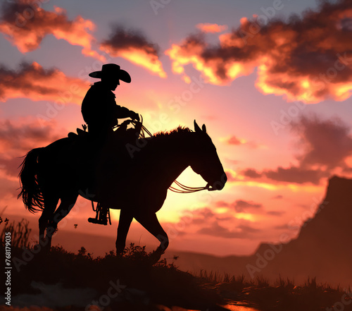 Araffe riding a horse in the sunset with a mountain in the background