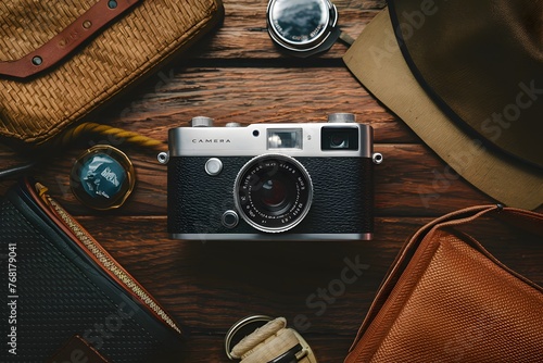 Vintage camera amidst travel accessories, evoking nostalgia and adventure photo