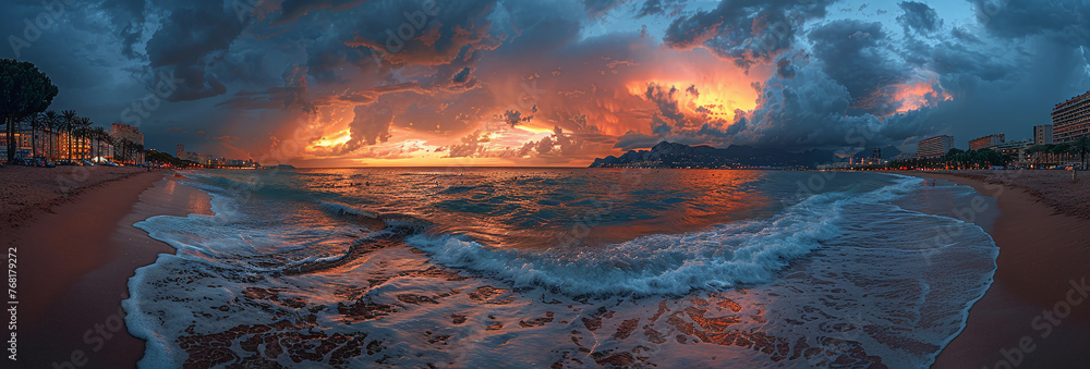 Panoramic view of a dramatic sunset over the ocean with clouds and reflections on the beach. - obrazy, fototapety, plakaty 