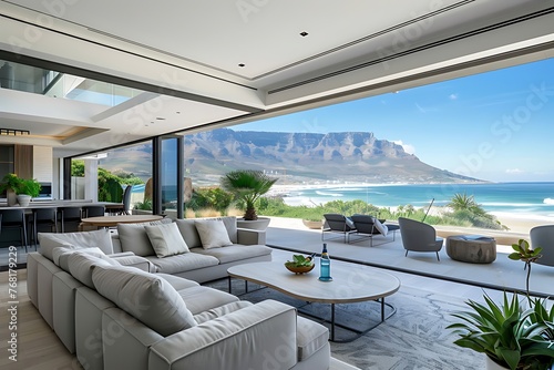 Modern contemporary luxury designer villa with high end furniture, potted plants, a table for four, glass walls, sophisticated decor & grey tones. Coastal living. Stunning sea & mountain views.