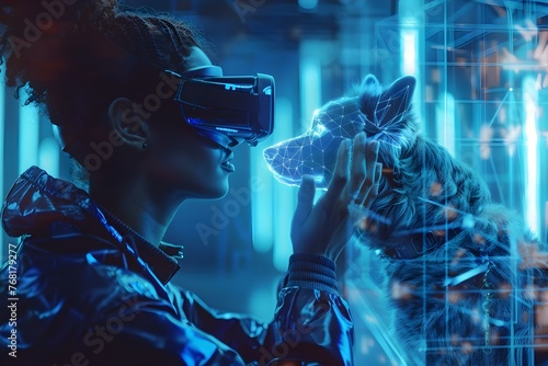 A person in virtual reality glasses caring for a digital dog on a futuristic screen. Concept Virtual Reality, Digital Pet, Futuristic Technology, Screen Interaction, VR Glasses