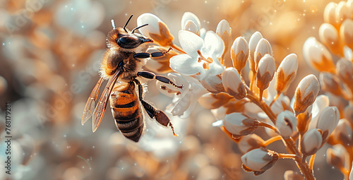 Honeybee collecting nectar from white flowers with a warm, golden sunlight background. © Gayan