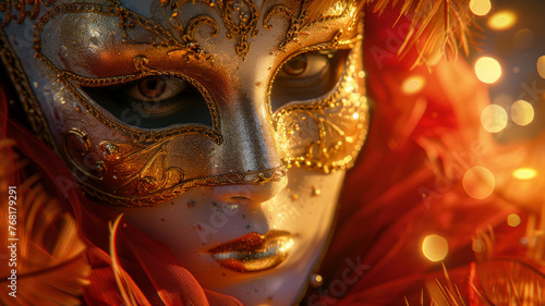 A close-up of a golden Venetian mask with feathers.