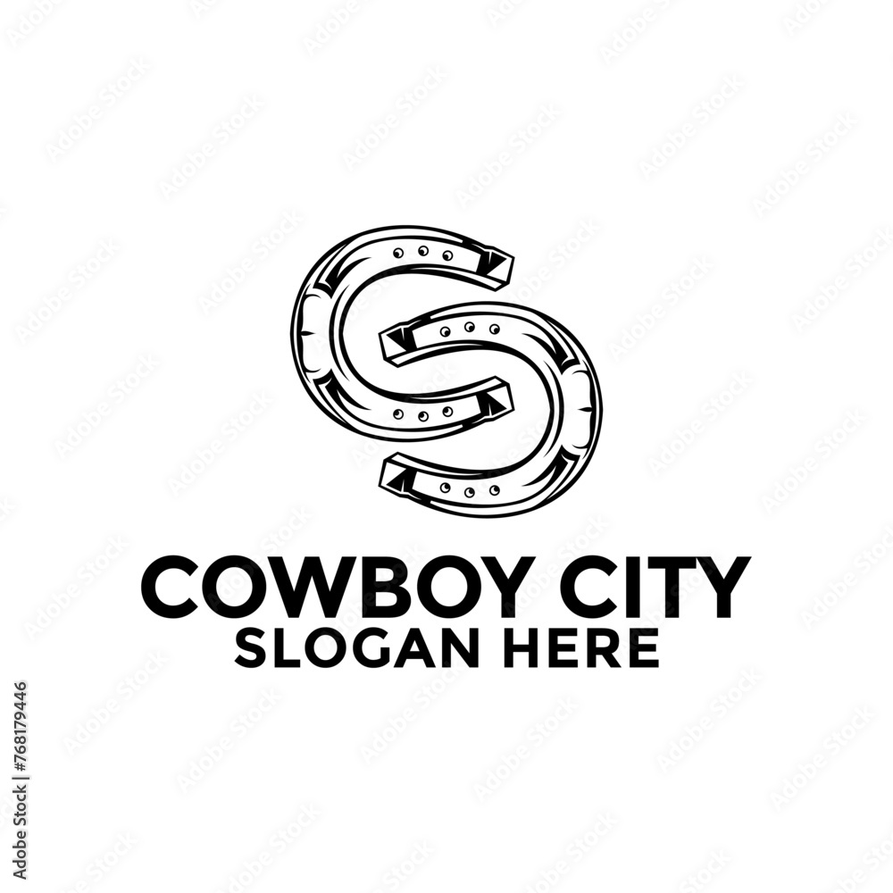 Fototapeta premium Letter C or CC or S Cowboy City logo or Cowboy Shoe logo in vintage style. The cowboy with horseshoe logo vector template