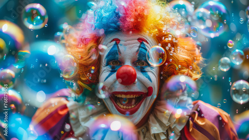 A smiling clown surrounded by bubbles