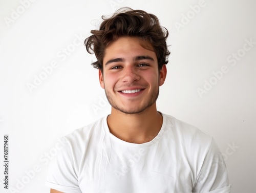 Hombre joven mirando a la cámara sonriendo, vestir informal, fondo liso blanco,
