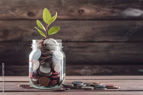 Woman saving coins in jar, dreaming of travel adventures photo