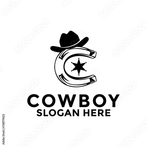 letter C with Cowboy Hat and  wheel spurs Cowboy Shoe logo. Cowboy logo vector template