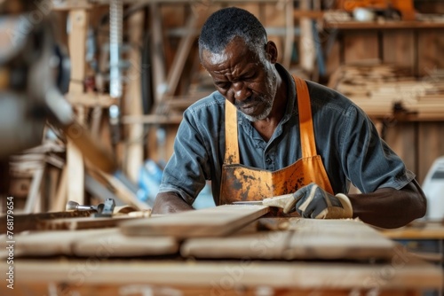 Elderly African American man sanding wood in a woodworking workshop.