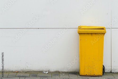 A yellow recycling container is on the street