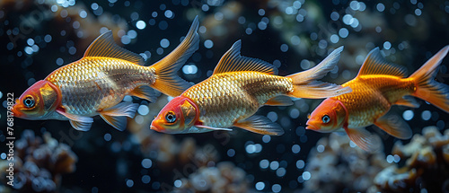 Three vibrant goldfish swimming in clear aquarium water with a bokeh background.