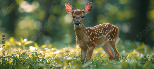 Fawn standing in a sunlit forest clearing, surrounded by green foliage.