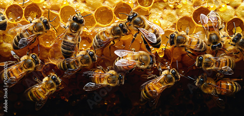 Honeybees working on honeycomb, close-up view of apiary life, natural beekeeping concept. photo