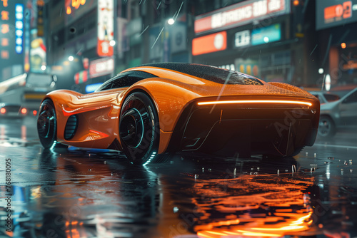 Orange futuristic car driving in the rain