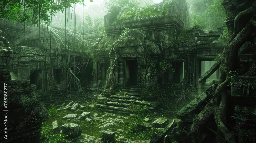 Naklejka premium An ancient, abandoned temple overrun by nature, with intricate carvings and overgrown vines. Resplendent.