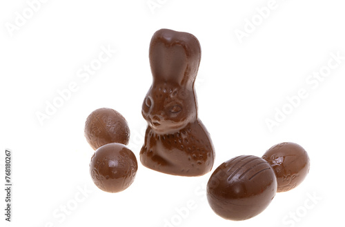 Easter chocolate bunny with eggs isolated