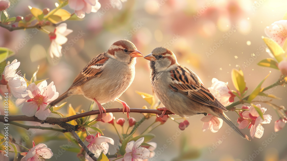 Two sparrows on cherry blossom branch. Two sparrows on cherry blossom branch.