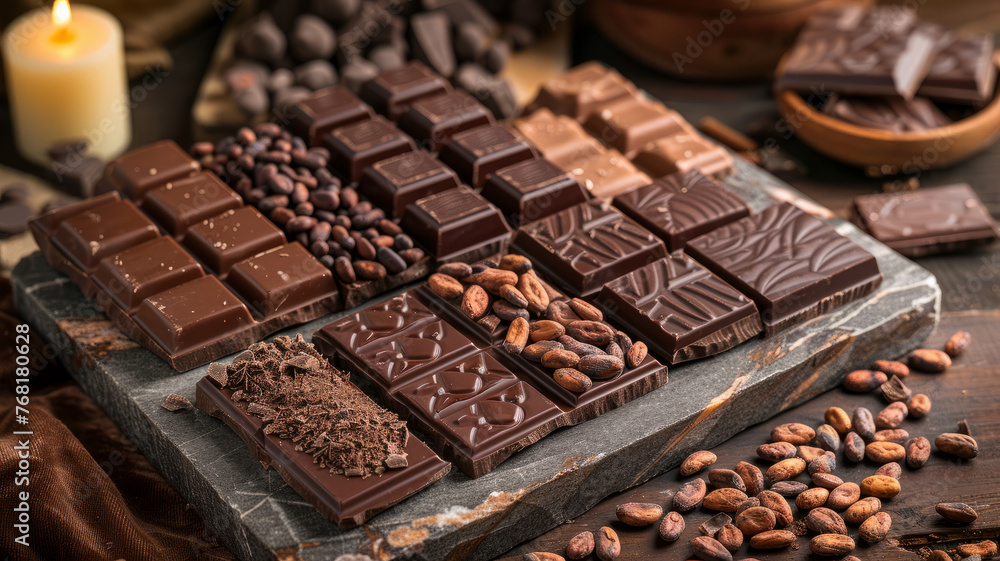 Assorted chocolate bars and cocoa beans. Assorted chocolate bars and cocoa beans.