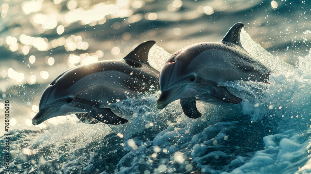 Obraz premium Two dolphins jumping out of water