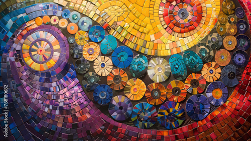 Colorful circular mosaic wall art.