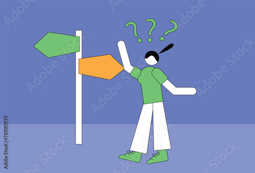 Confused about career direction, uncertain about choices and decisions. Human character standing beside a directional signpost, depicting confusion in making decisions