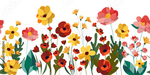 Horizontal seamless floral banner on white background decorated with beautiful colorful blooming flowers and leaves. For graphics, web design, banner, poster, advertising. Vector illustration.