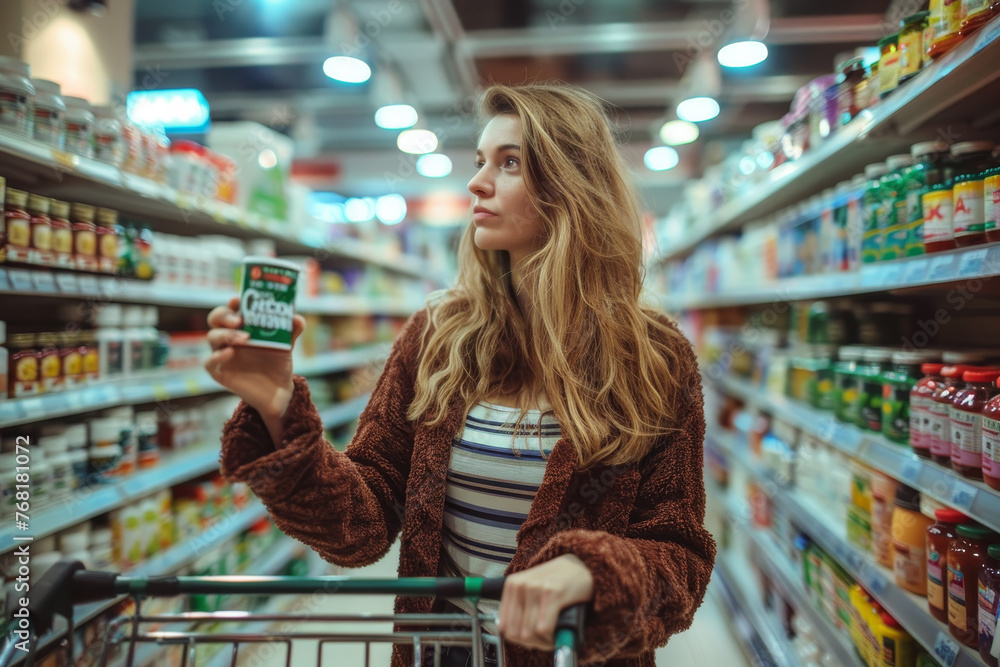 A beautiful woman with a shopping cart in a health food store, choosing a jar of vitamins.